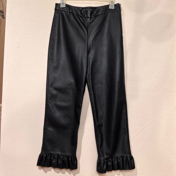 Zara Black Leather Ruffle Hem Pants - Picture 2 of 11
